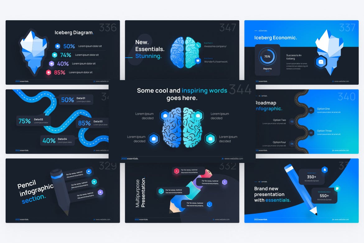 铅笔/冰山/道路和大脑图表PPT幻灯片模板下载 Pencil, Iceberg, Road & Brain PowerPoint Template 幻灯图表 sucaiwan.com