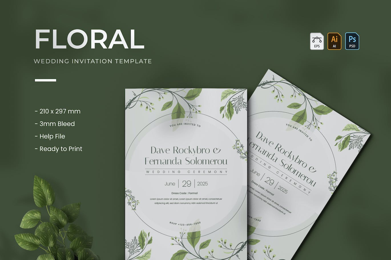 绿叶花卉婚礼请柬设计模板 Floral – Wedding Invitation 设计素材 sucaiwan.com