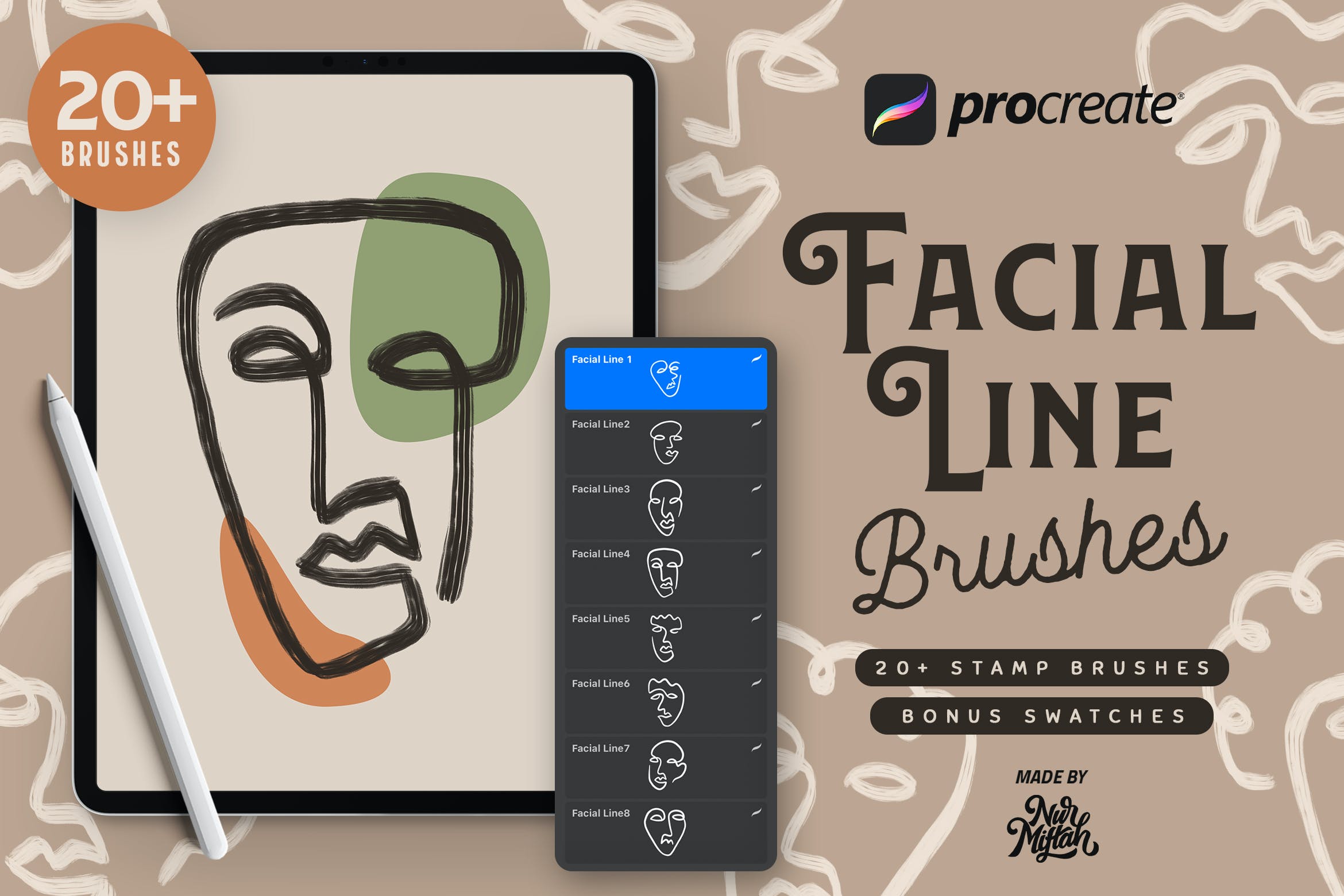 Procreate脸部线条笔刷 Procreate Facial Line Brushes 笔刷资源 sucaiwan.com