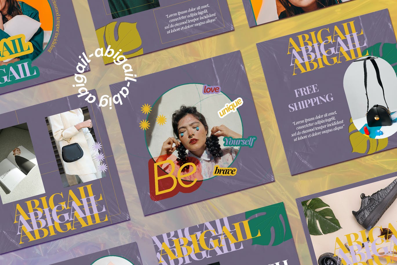 潮流拼贴文字褶皱时尚美妆博主PSD模板 ABIGAIL Instagram Template 设计素材 sucaiwan.com