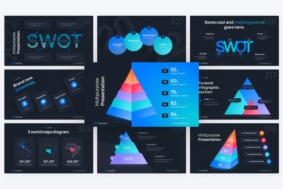金字塔/地图和SWOT分析PPT幻灯片设计模板 Pyramid, Maps & SWOT PowerPoint Template 幻灯图表 sucaiwan.com