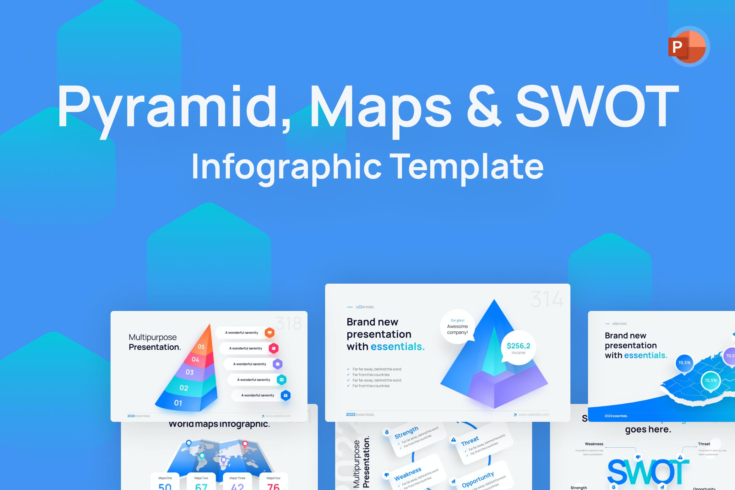 金字塔/地图和SWOT分析PPT幻灯片设计模板 Pyramid, Maps & SWOT PowerPoint Template 幻灯图表 sucaiwan.com