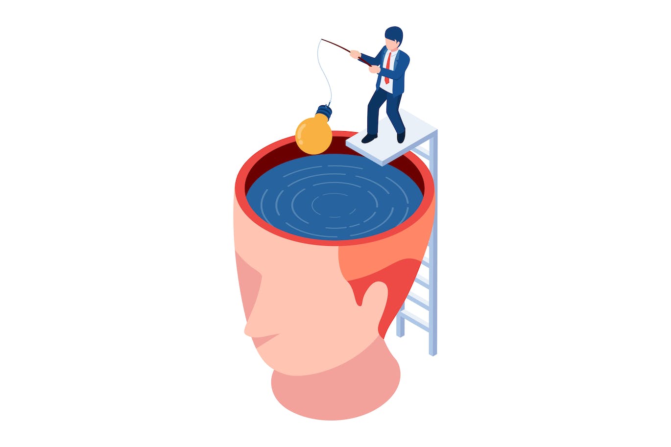 灵感想法概念等距插画 Isometric businessman fishing idea from head 图片素材 sucaiwan.com