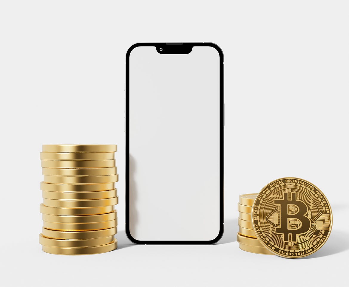 比特币和iPhone手机屏幕样机 Bitcoin and Smartphone Mockup 样机素材 sucaiwan.com