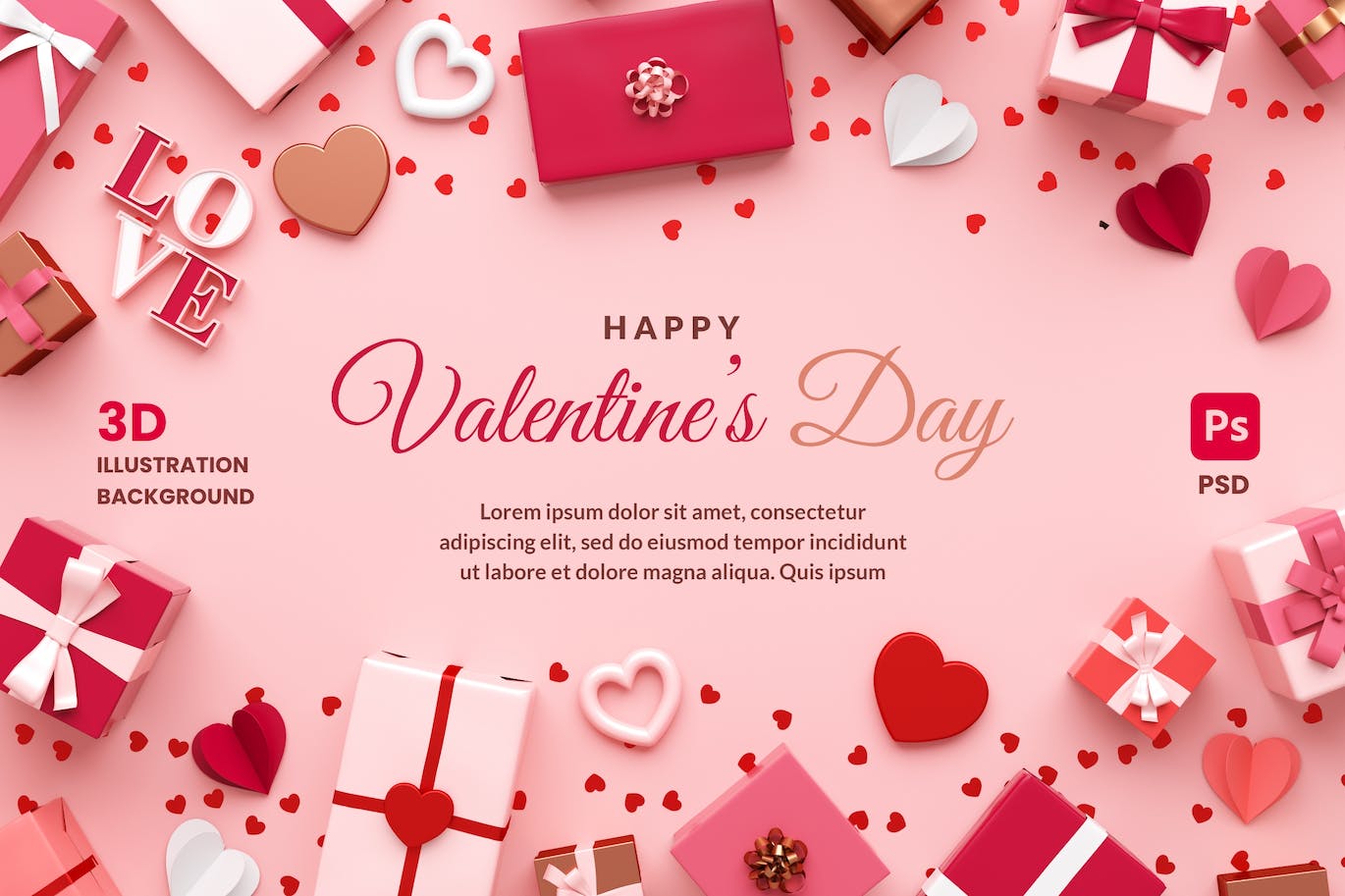情人节礼品3D Banner背景模板 Valentines Day Banner Background with Gifts 设计素材 sucaiwan.com