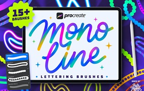 Procreate彩虹霓虹单线条写字笔刷 Procreate Monoline Lettering Brushes