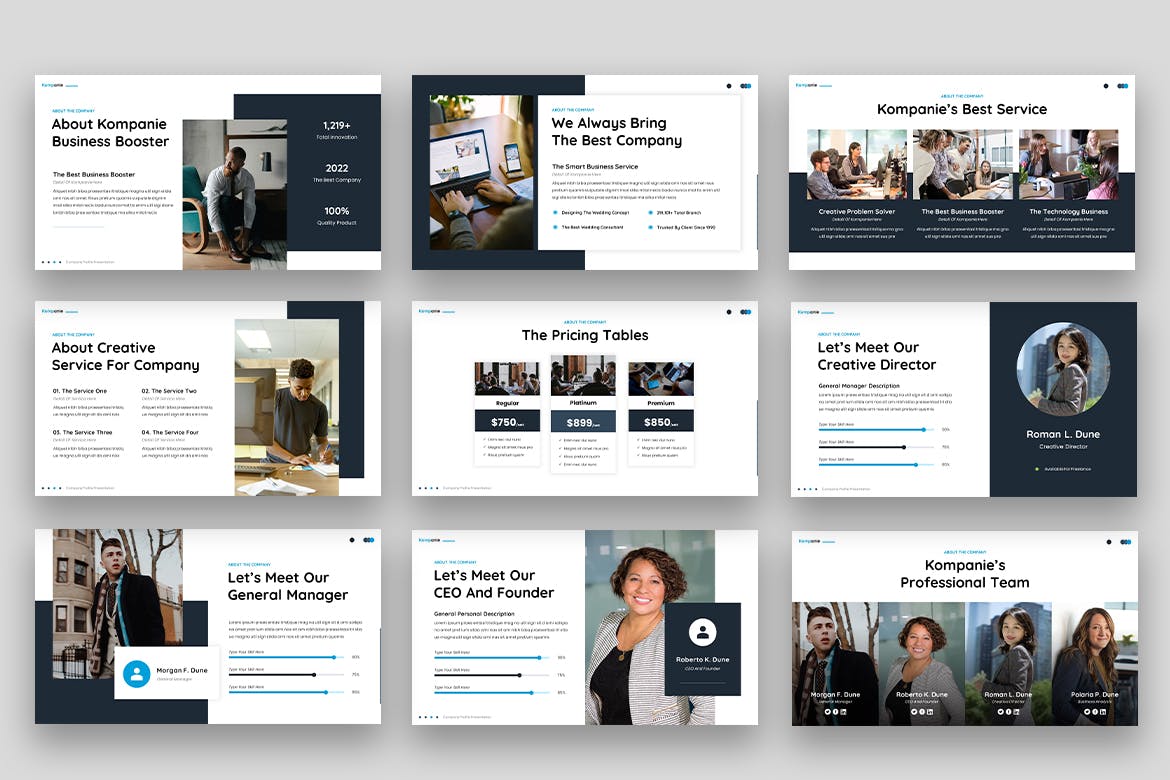 企业投资谷歌幻灯片演示文稿模板 Kompanie – Company Profile Google Slides 幻灯图表 sucaiwan.com