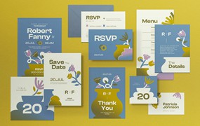 蓝色几何花纹婚礼请柬套装 Blue Geometric Floral Wedding Invitation Set