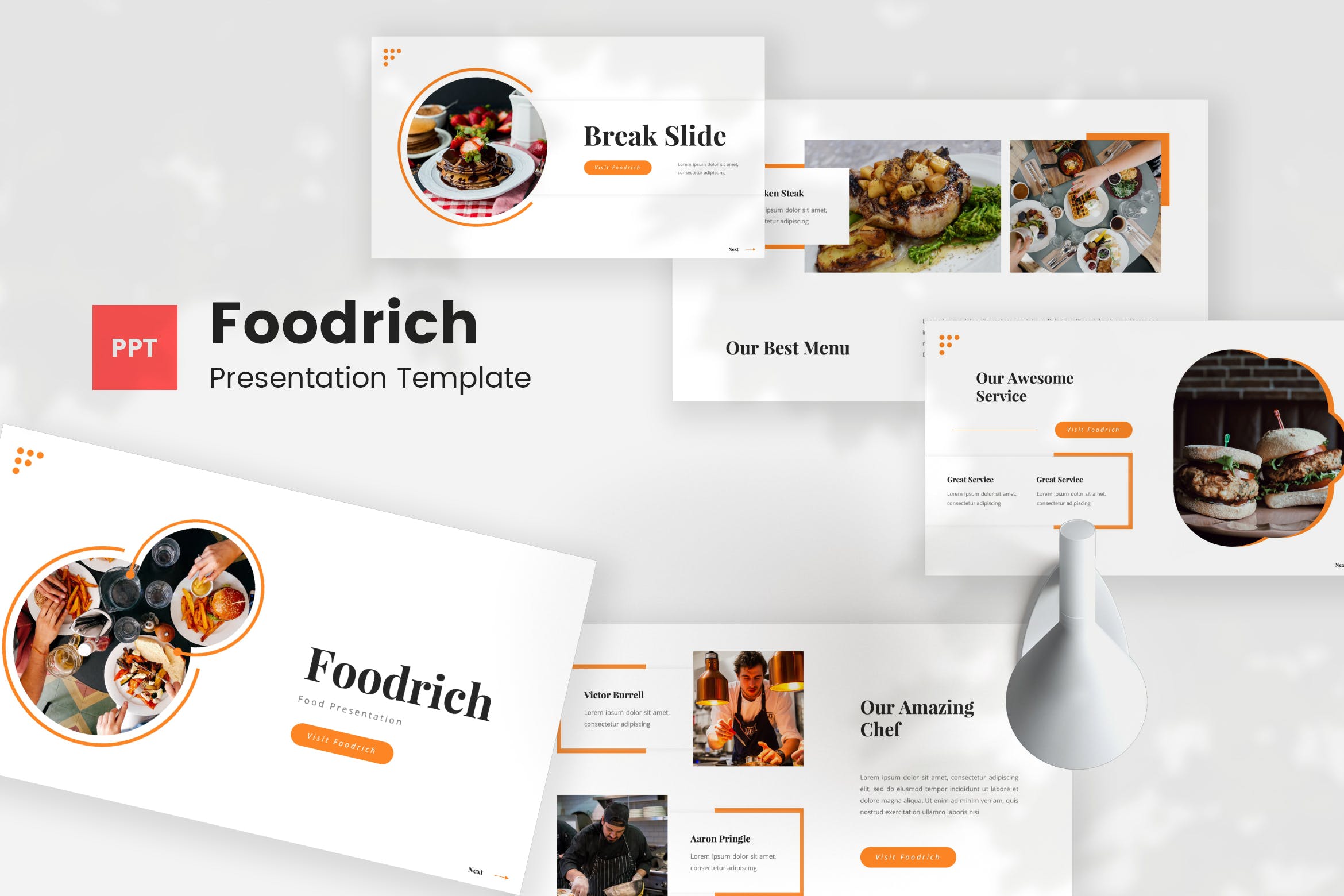 餐厅美食演示PPT模板 Foodrich – Food PowerPoint Template 幻灯图表 sucaiwan.com