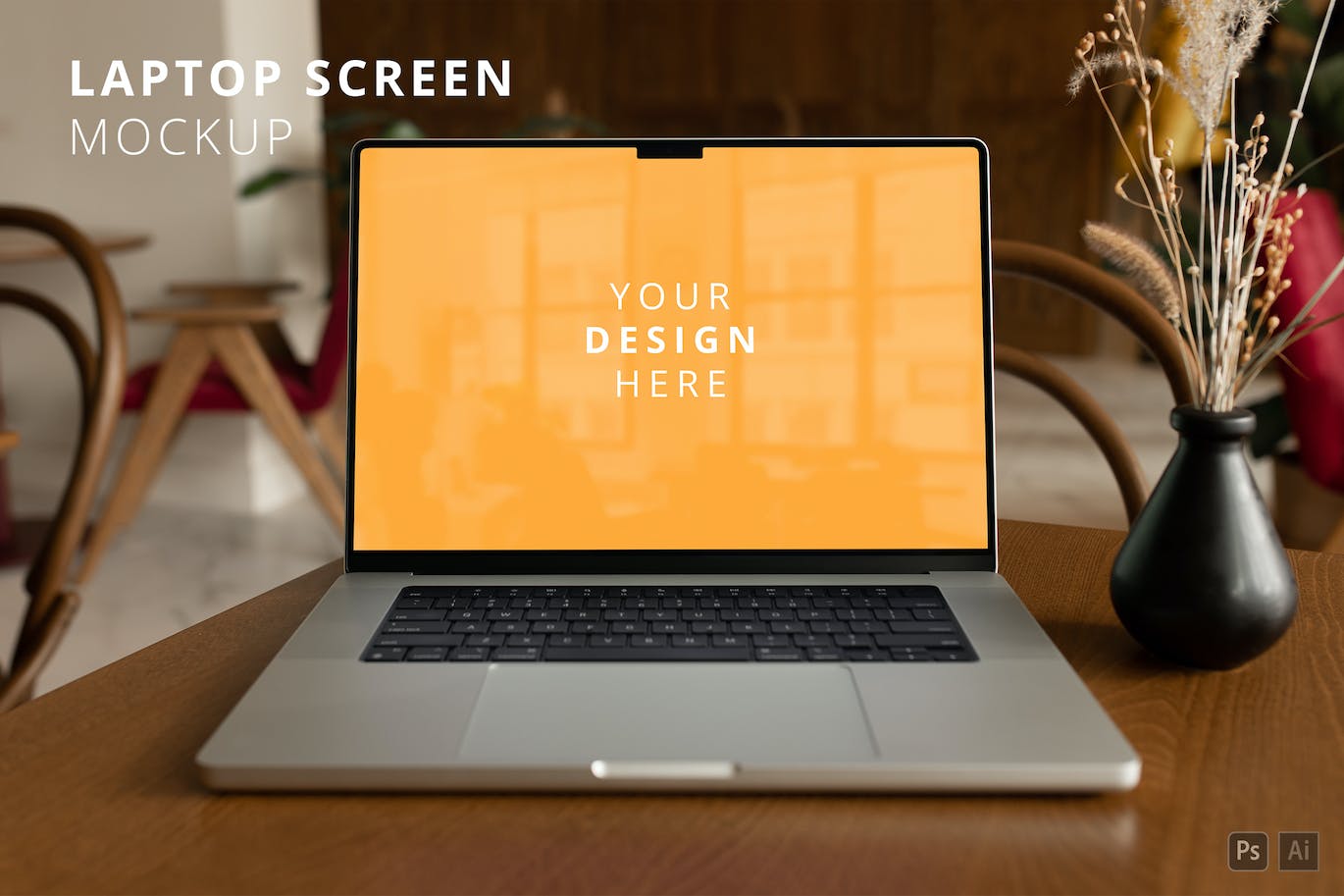 木制咖啡桌MacBook Pro屏幕样机图 MacBook Pro Screen Mockup on the Wooden Cafe Table 样机素材 sucaiwan.com