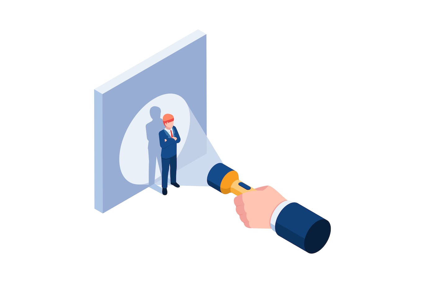 人力资源和招聘概念等距插画 Isometric hand pointing flashlight at businessman 图片素材 sucaiwan.com