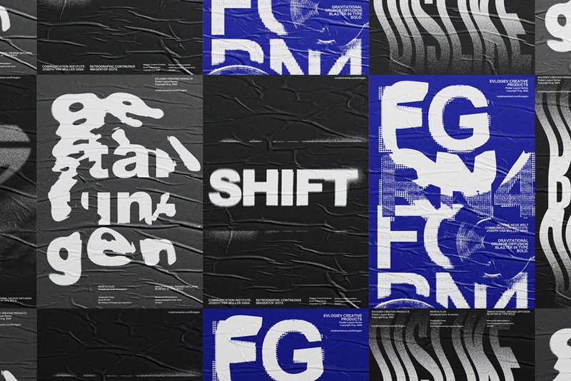 20个潮流抽象视觉海报标题特效字体设计智能贴图样机模板 Typographic Poster Layouts No.01 样机素材 sucaiwan.com