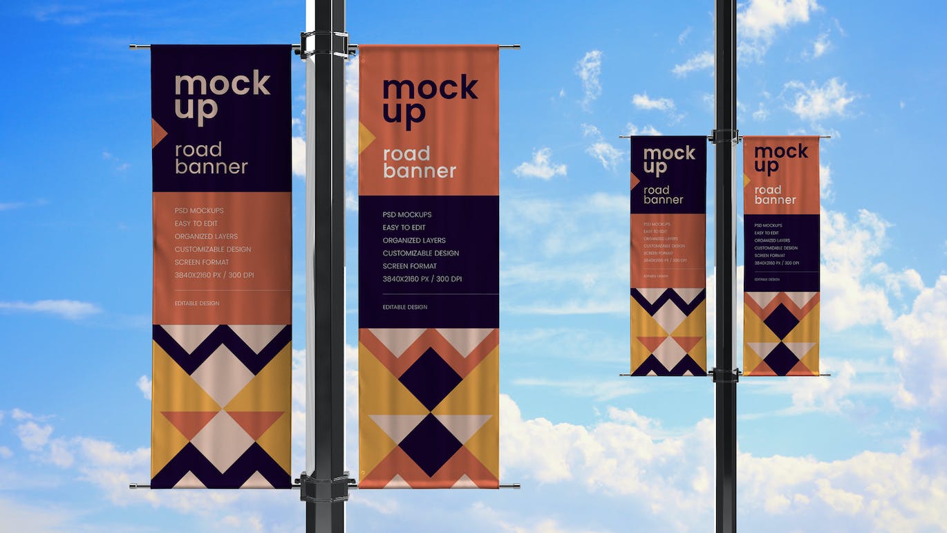 街道铁杆横幅Banner样机集 Street Pole Banner Mockup Set 样机素材 sucaiwan.com