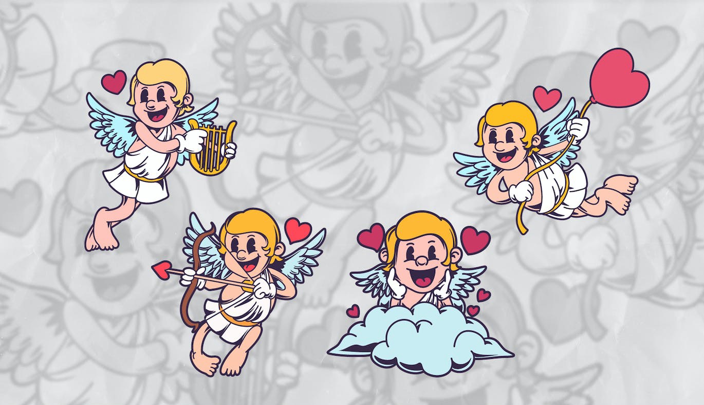 丘比特复古卡通插画集 Cupid Retro Cartoon Illustration Set 图片素材 sucaiwan.com
