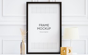 3D灯和美学装饰照片黑画框样机 Photo Black Frame Mockup With 3D Decoration