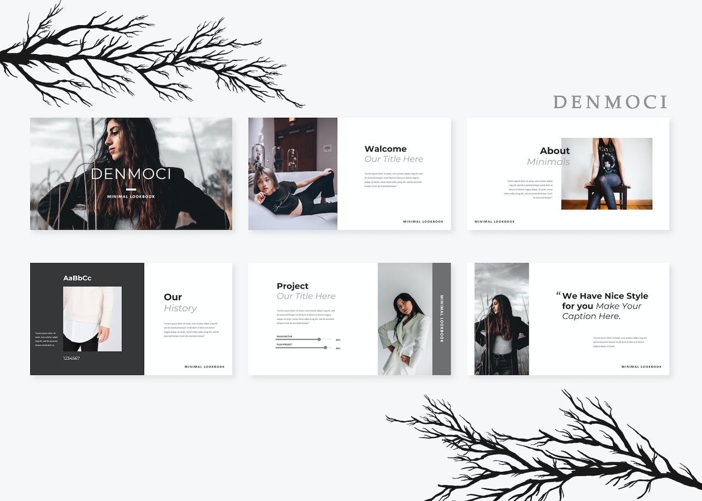 Lookbook服装品牌简介谷歌幻灯片演示模板 Denmoci Lookbook Google Slide 幻灯图表 sucaiwan.com