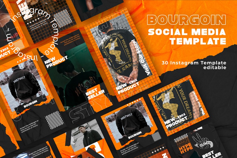 时髦潮流现代纸张褶皱撕纸错版文字PSD模板 Bourgoin Instagram Post Stories 设计素材 sucaiwan.com