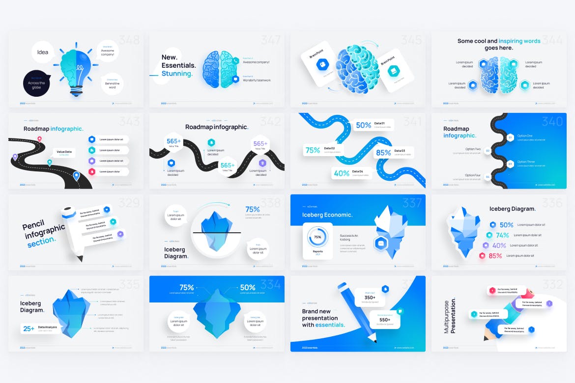 铅笔/冰山/道路和大脑图表PPT幻灯片模板下载 Pencil, Iceberg, Road & Brain PowerPoint Template 幻灯图表 sucaiwan.com