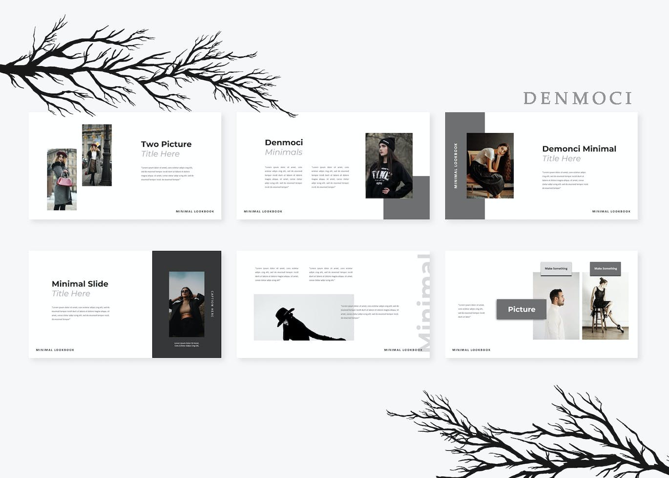 Lookbook服装品牌简介谷歌幻灯片演示模板 Denmoci Lookbook Google Slide 幻灯图表 sucaiwan.com