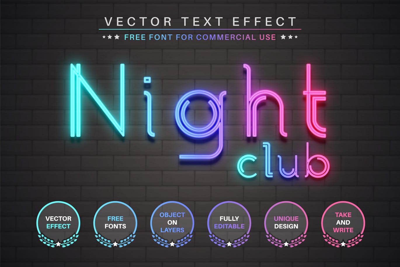 霓虹灯管矢量文字效果字体样式 Night Club – Editable Text Effect, Font Style 插件预设 sucaiwan.com