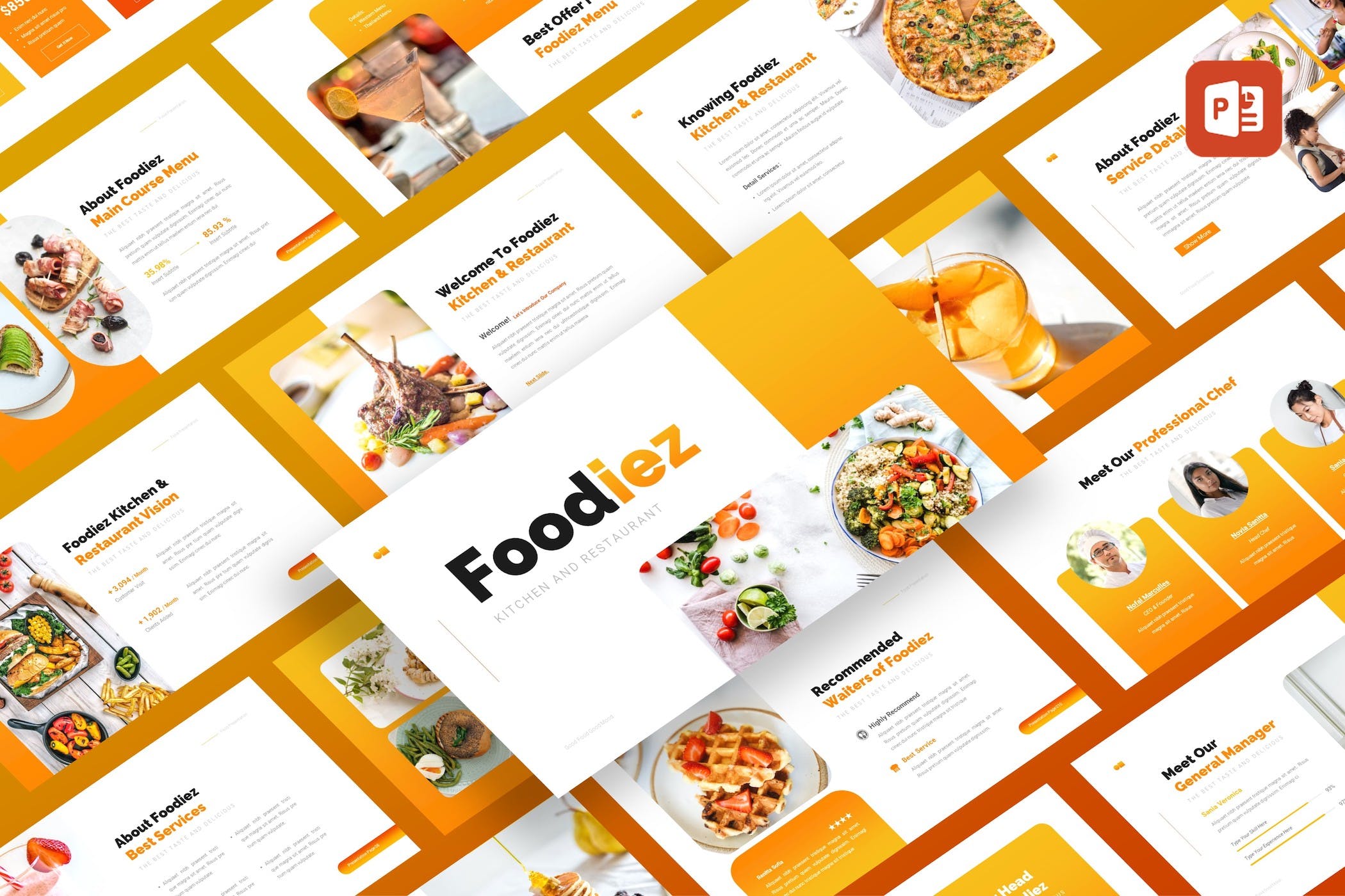 厨房和餐厅PPT创意模板 Foodiez Kitchen & Restaurant PowerPoint Template 幻灯图表 sucaiwan.com