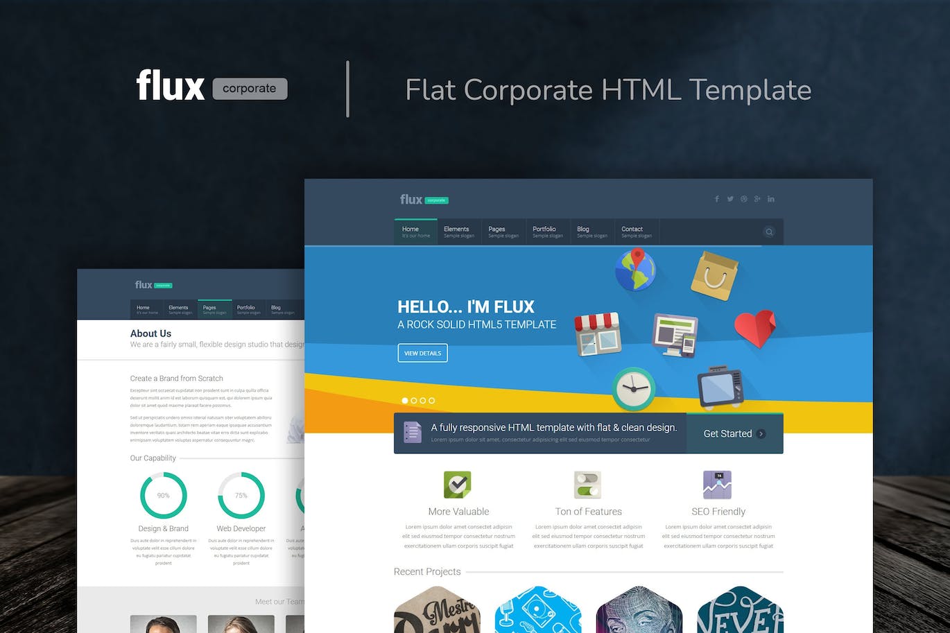 扁平风格企业网站HTML模板 Flux – Flat Corporate HTML Template APP UI sucaiwan.com