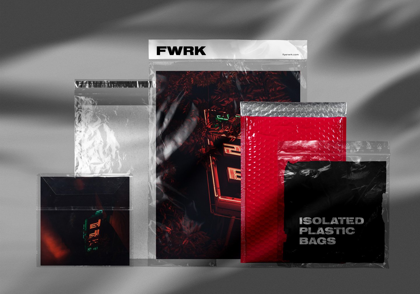 30个高分辨率褶皱潮流空塑料袋PNG物料设计展示样机模板 Flyerwrk Isolated Empty Plastic Bags 样机素材 sucaiwan.com