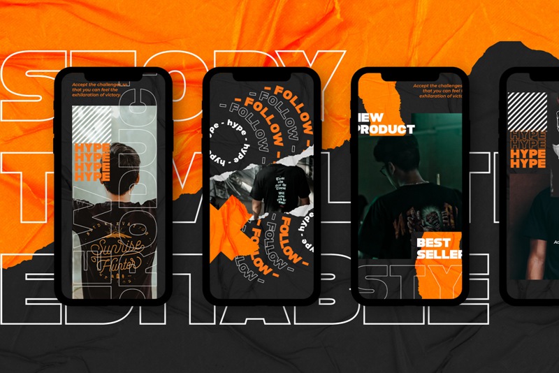 时髦潮流现代纸张褶皱撕纸错版文字PSD模板 Bourgoin Instagram Post Stories 设计素材 sucaiwan.com