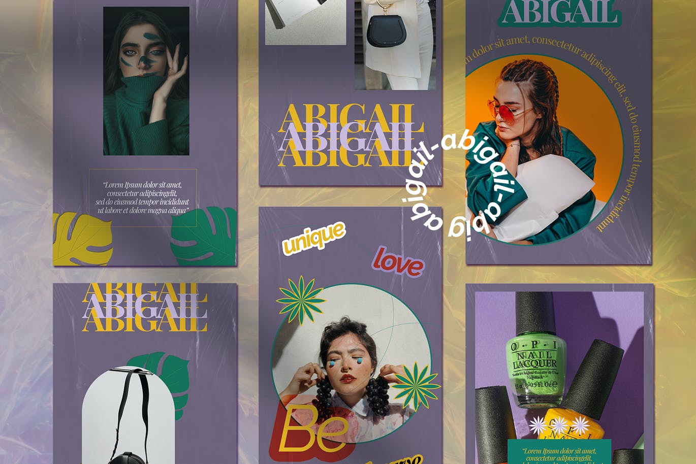 潮流拼贴文字褶皱时尚美妆博主PSD模板 ABIGAIL Instagram Template 设计素材 sucaiwan.com