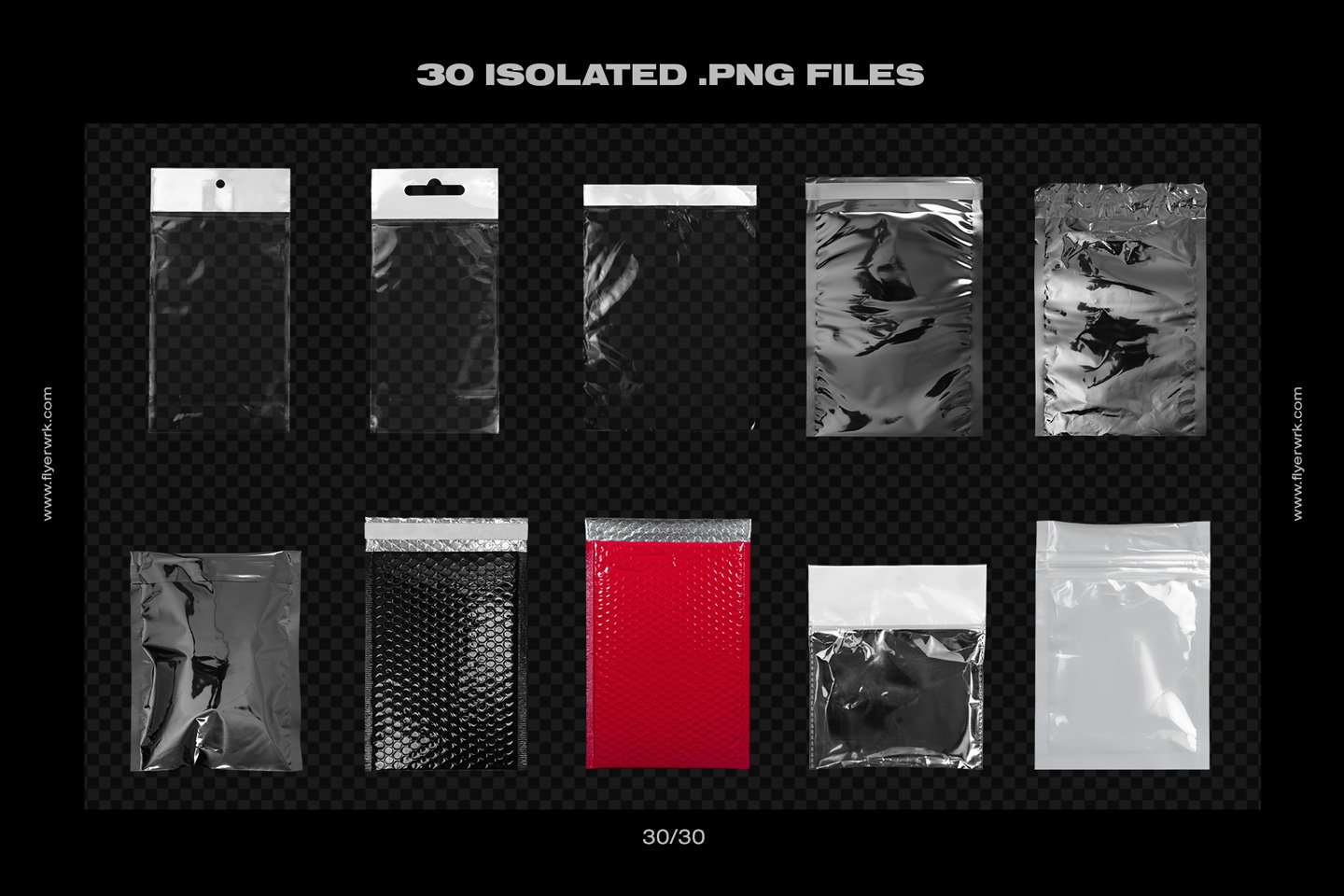 30个高分辨率褶皱潮流空塑料袋PNG物料设计展示样机模板 Flyerwrk Isolated Empty Plastic Bags 样机素材 sucaiwan.com