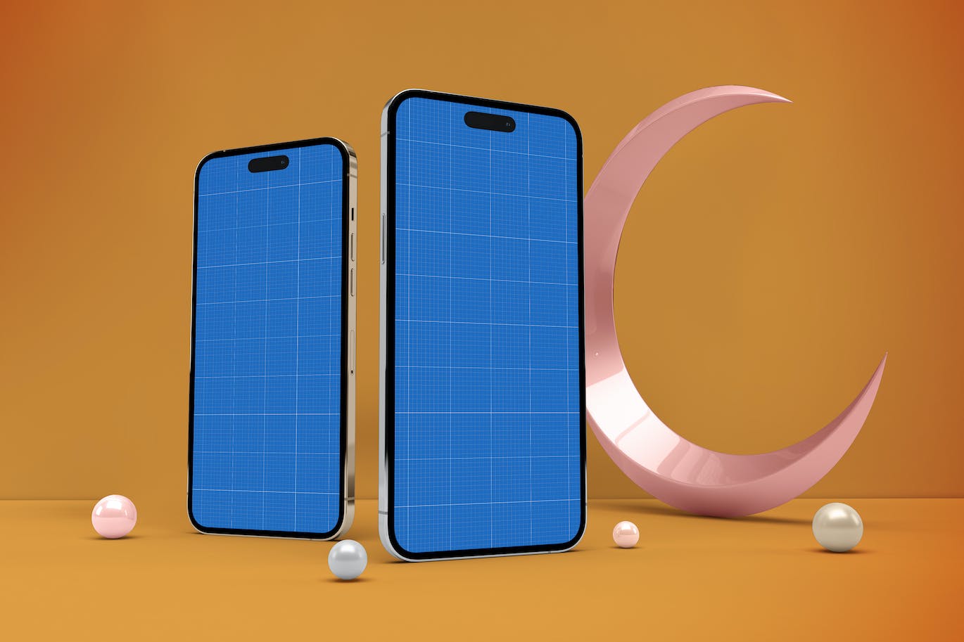 3D斋月月亮元素iPhone 14 Pro手机样机 Ramadan iPhone Screen Mockup 样机素材 sucaiwan.com