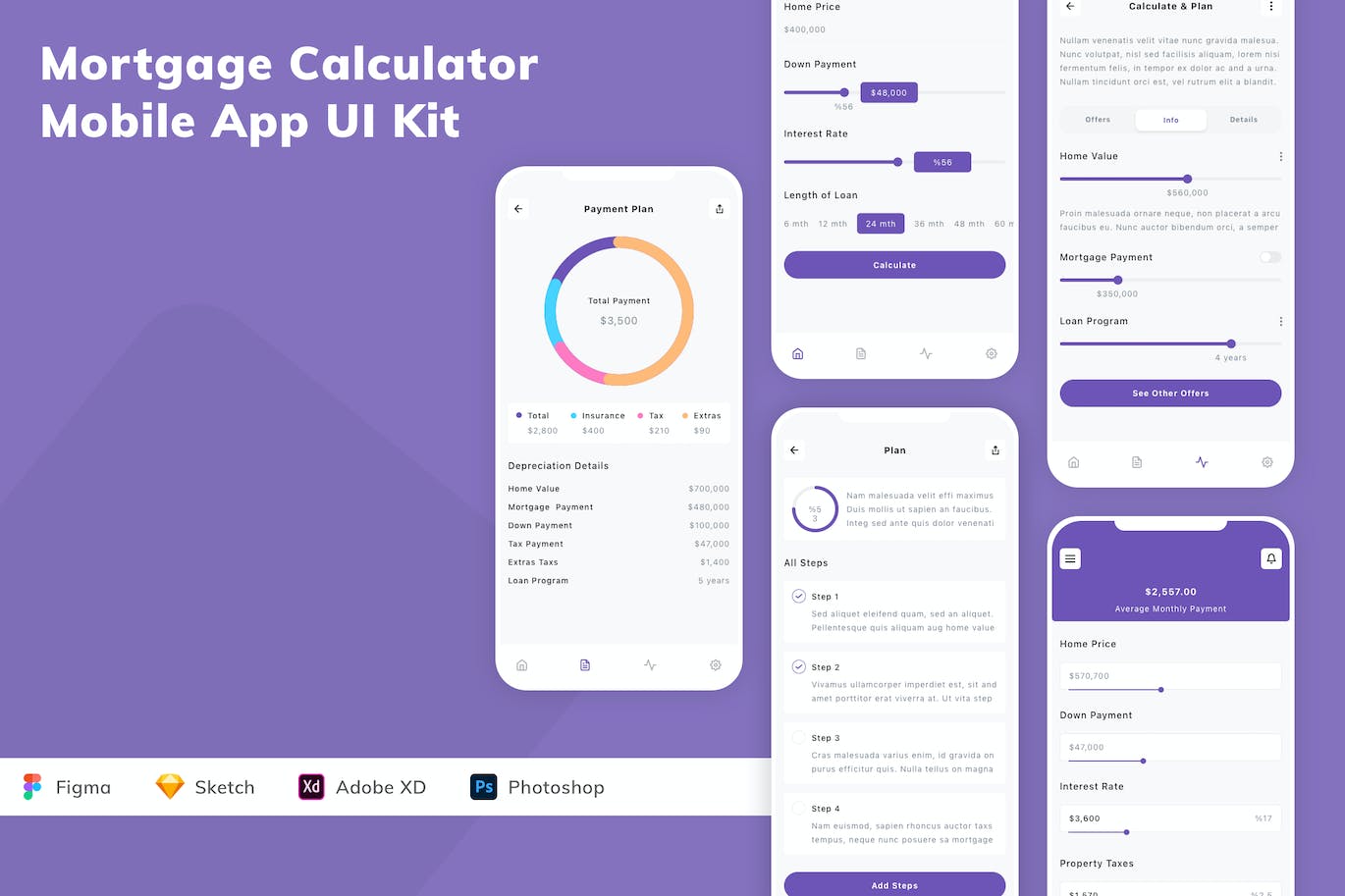 抵押贷款计算应用程序App设计UI工具包 Mortgage Calculator Mobile App UI Kit APP UI sucaiwan.com