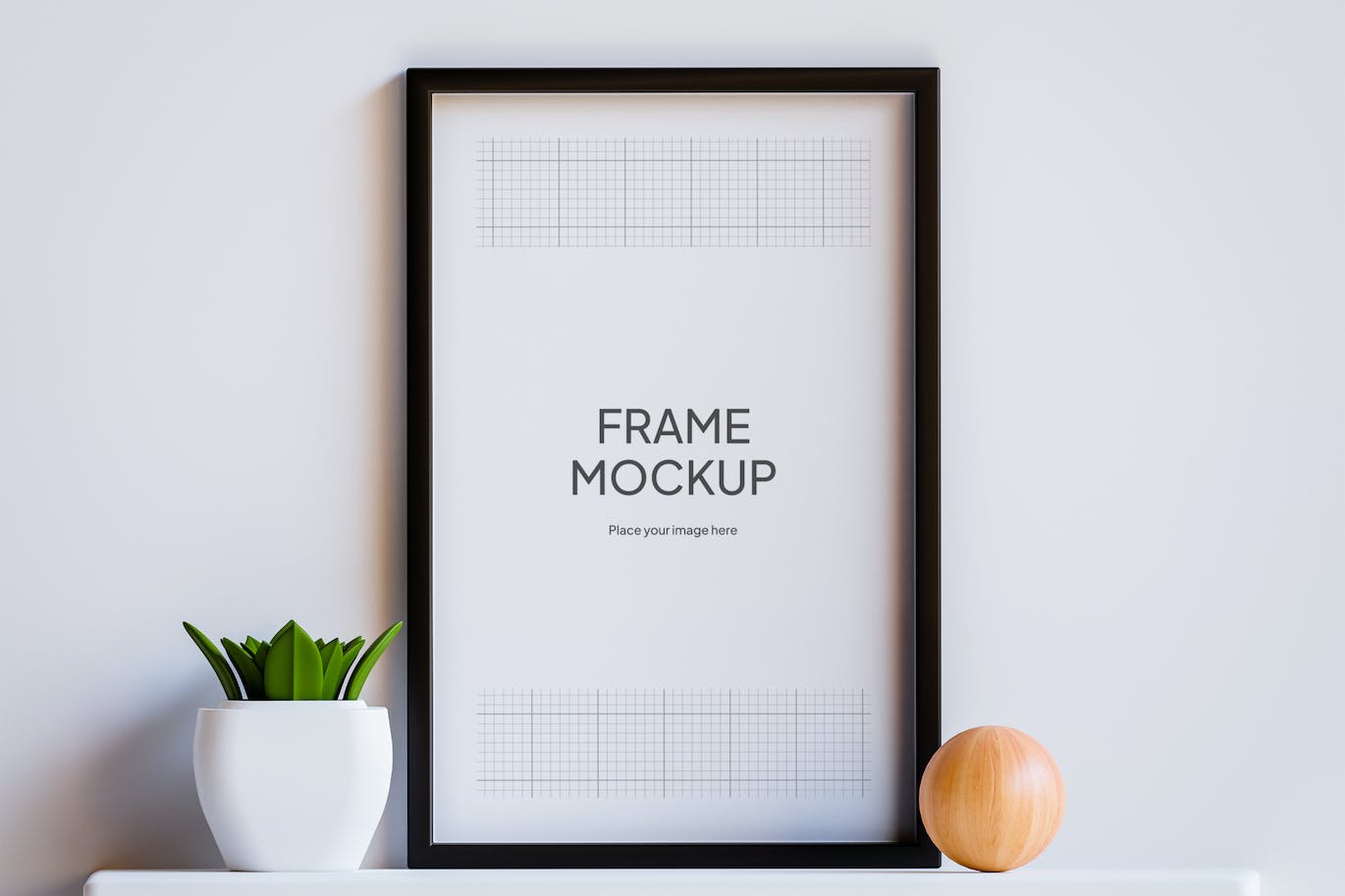 3D植物和木球装饰品照片黑画框样机 Photo Black Frame Mockup With 3D Ornament 样机素材 sucaiwan.com