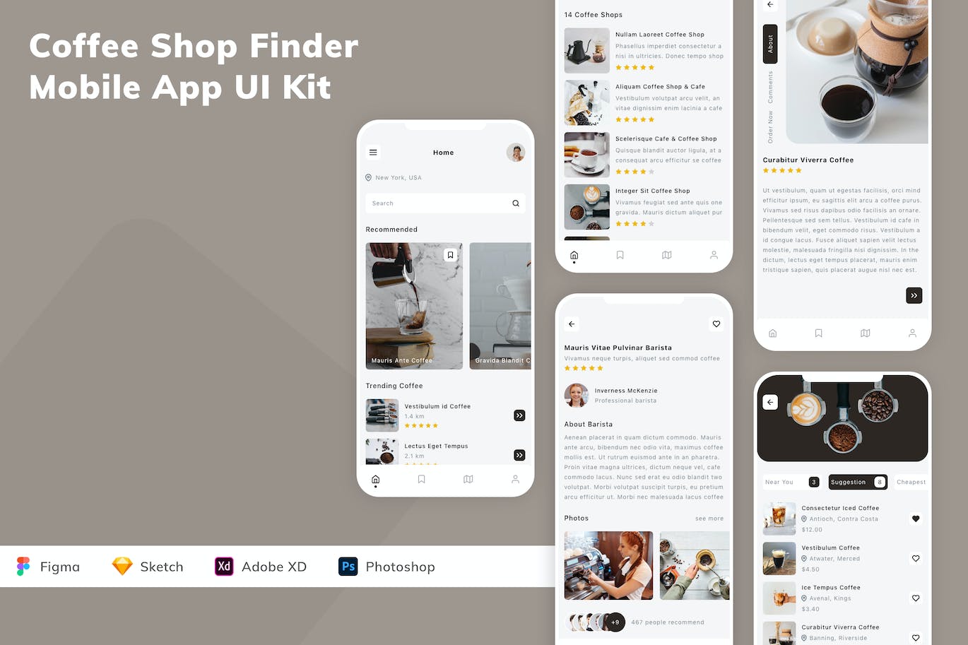咖啡店搜索应用程序App设计UI工具包 Coffee Shop Finder Mobile App UI Kit APP UI sucaiwan.com