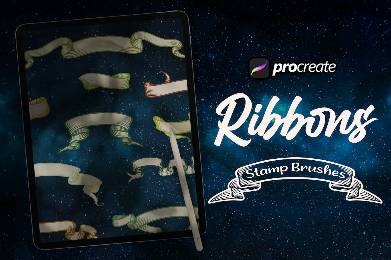 复古丝带Procreate印章绘画笔刷素材 Vintage Ribbon Stamp Brush Procreate 笔刷资源 sucaiwan.com