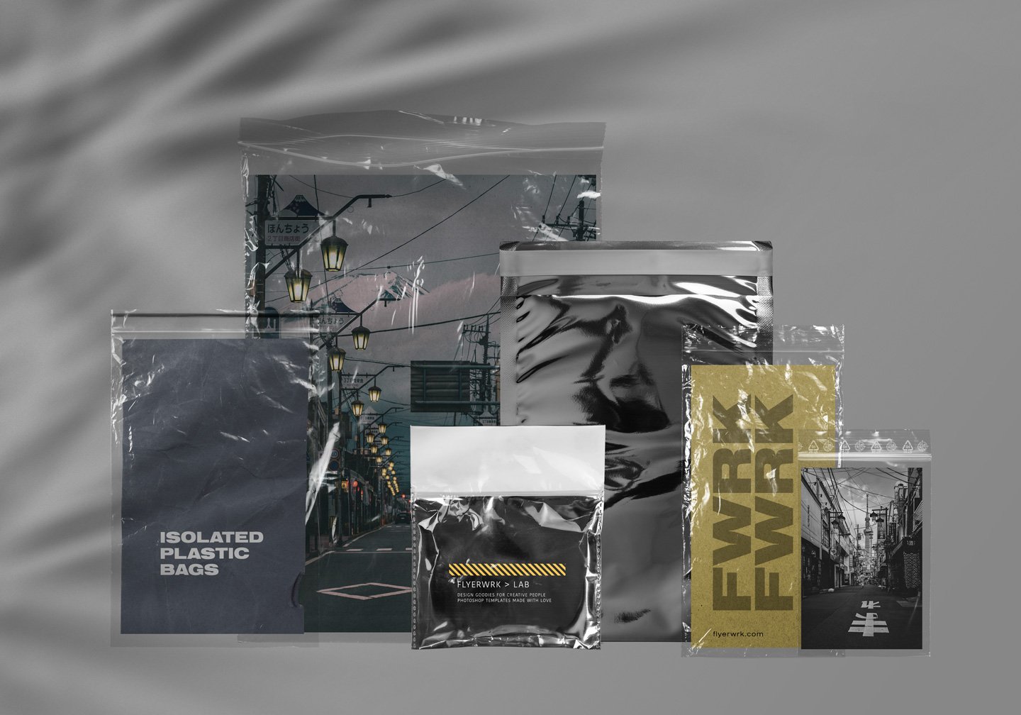 30个高分辨率褶皱潮流空塑料袋PNG物料设计展示样机模板 Flyerwrk Isolated Empty Plastic Bags 样机素材 sucaiwan.com