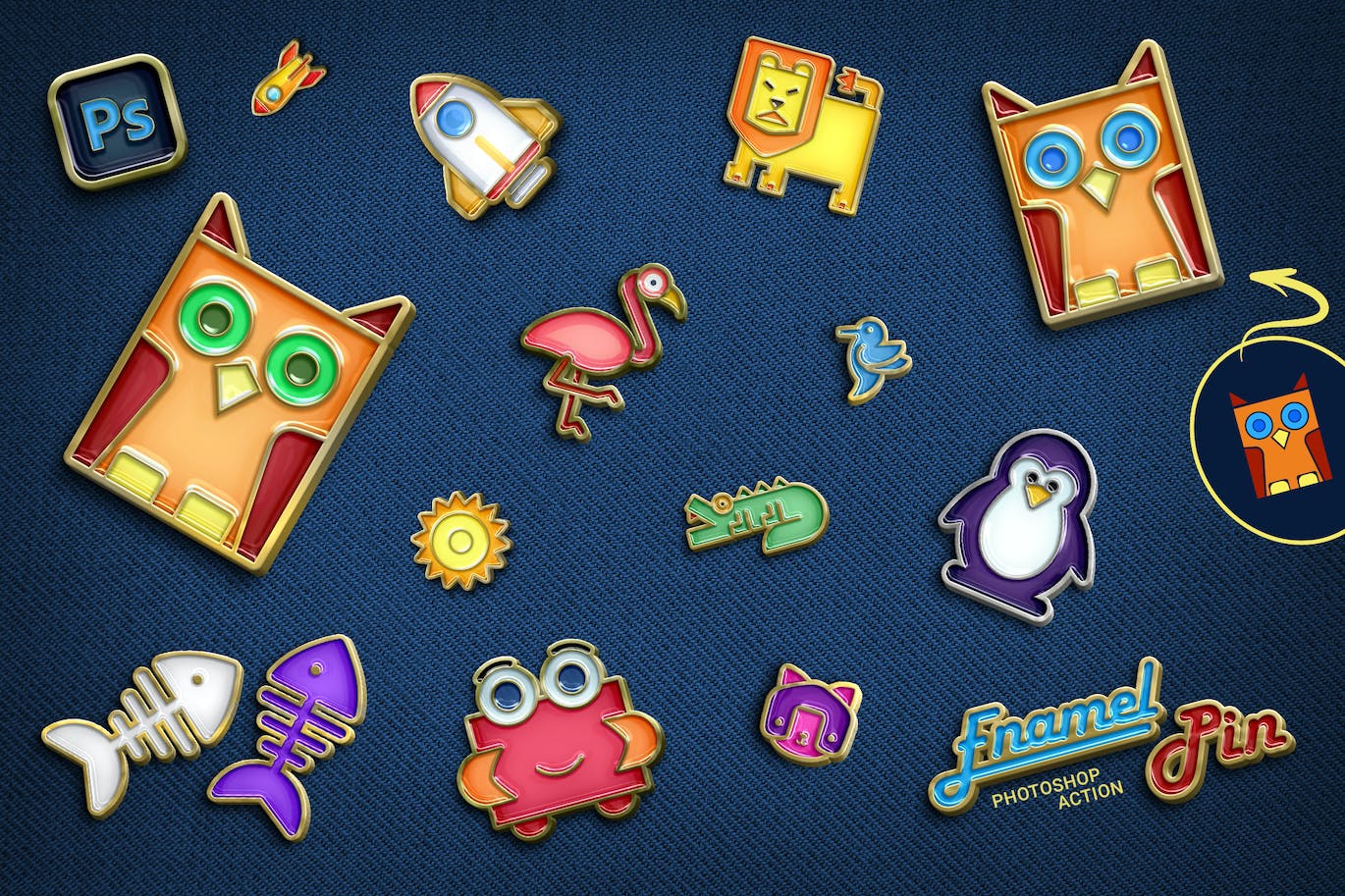 搪瓷别针效果照片处理Photoshop动作 Enamel Pin Photoshop Action 插件预设 sucaiwan.com
