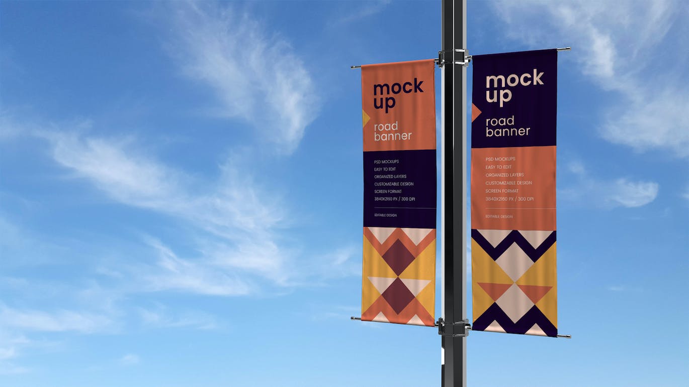 街道铁杆横幅Banner样机集 Street Pole Banner Mockup Set 样机素材 sucaiwan.com
