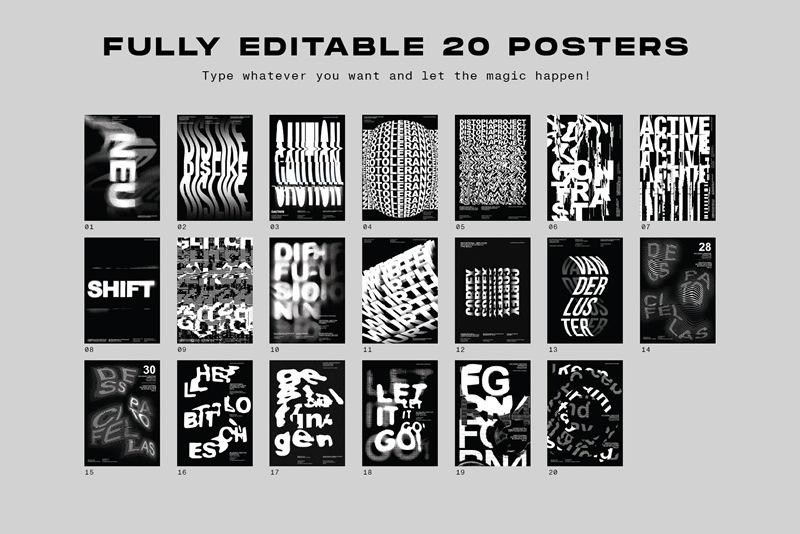 20个潮流抽象视觉海报标题特效字体设计智能贴图样机模板 Typographic Poster Layouts No.01 样机素材 sucaiwan.com