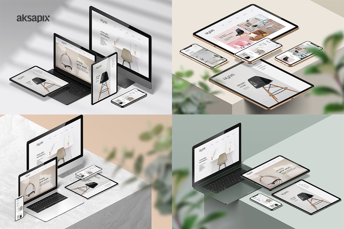 等距场景多设备响应式屏幕样机图 Responsive Screen Isometric Mockup 样机素材 sucaiwan.com