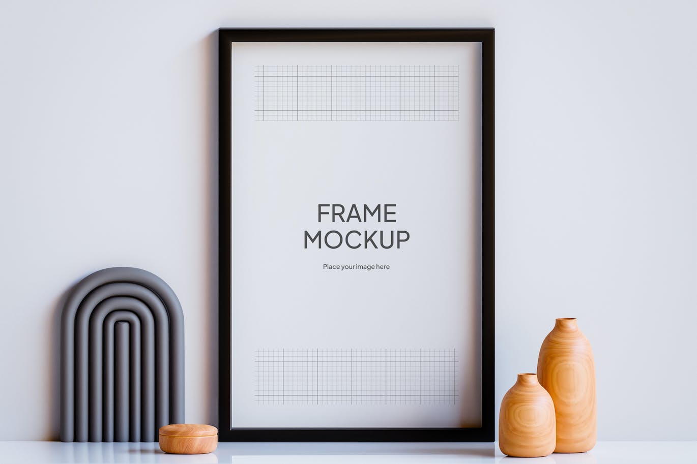 美学装饰白墙照片黑画框相框样机 Photo Frame Mockup On Table With 3D Decoration 样机素材 sucaiwan.com