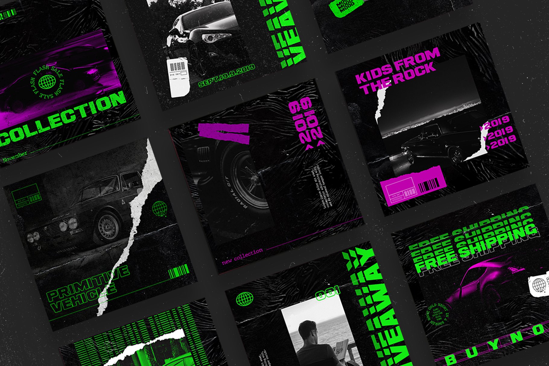 霓虹灯复古撕纸抖音竖屏Instagram风PSD模板 Neon Instagram Templates 设计素材 sucaiwan.com