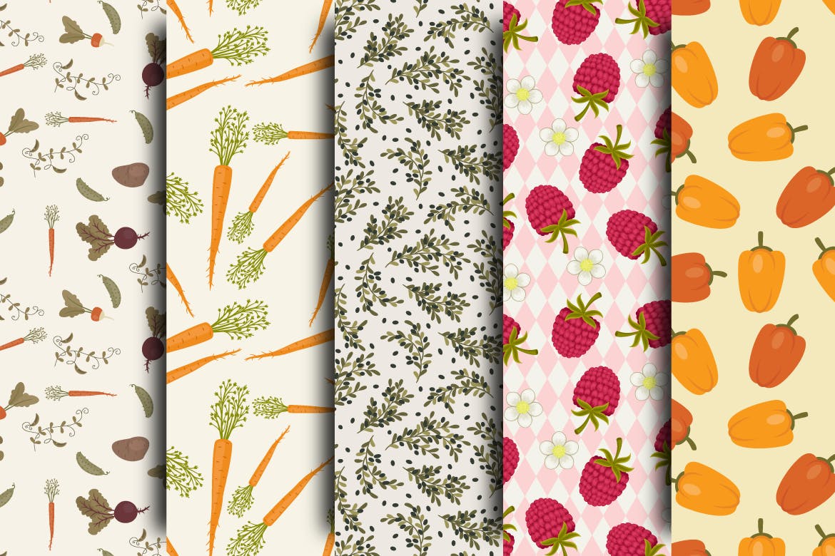 蔬菜水果和鸟类无缝图案 Garden Seamless Patterns 图片素材 sucaiwan.com