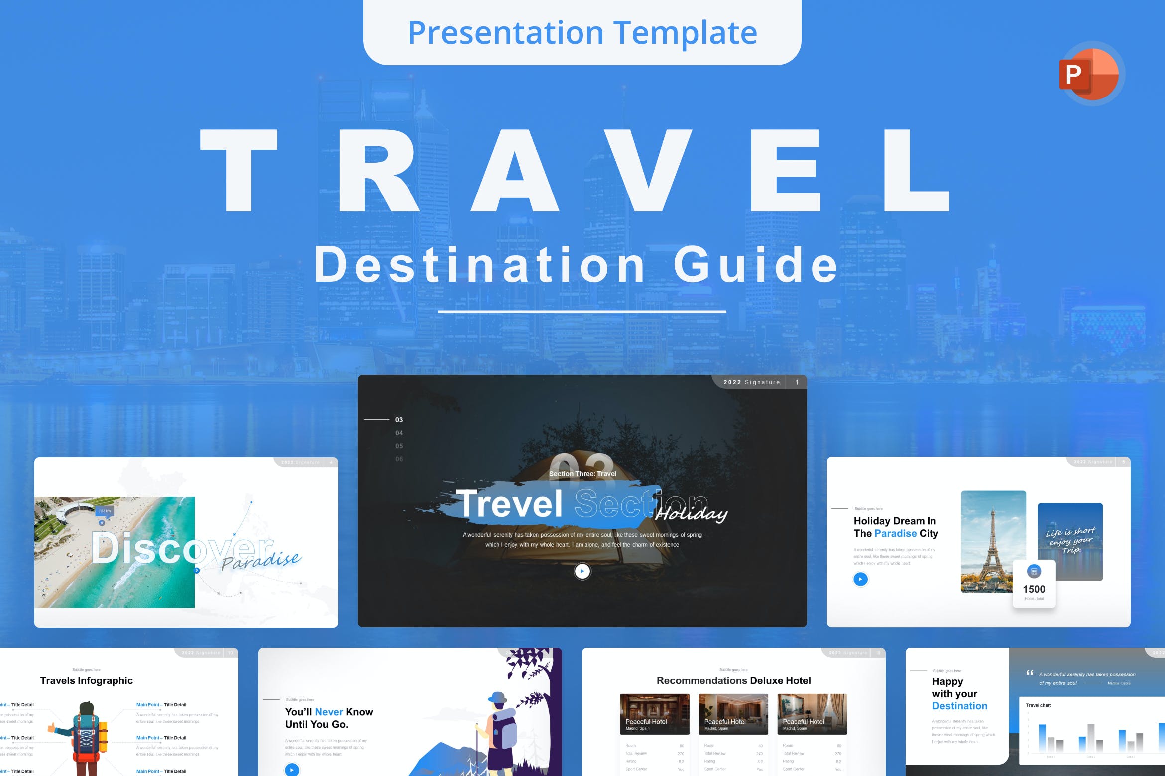 旅行目的地指南PPT幻灯片设计模板 Travel Destination Guide PowerPoint Template 幻灯图表 sucaiwan.com