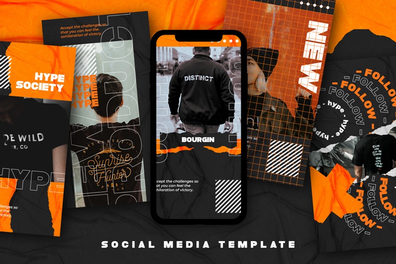 时髦潮流现代纸张褶皱撕纸错版文字PSD模板 Bourgoin Instagram Post Stories 设计素材 sucaiwan.com