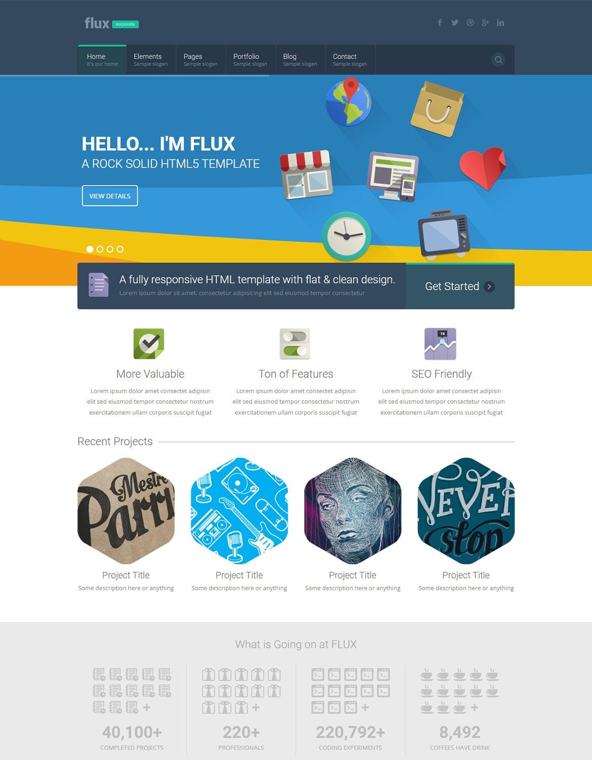 扁平风格企业网站HTML模板 Flux – Flat Corporate HTML Template APP UI sucaiwan.com