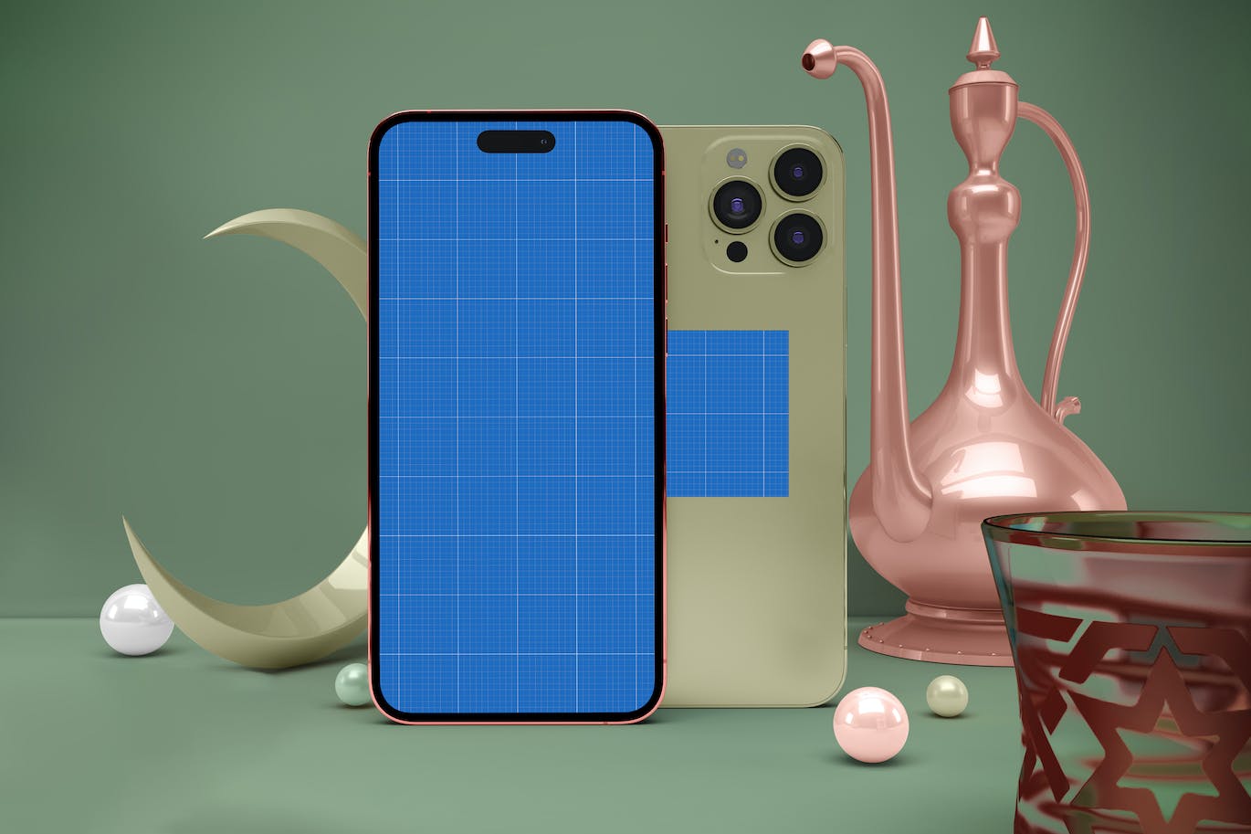 3D斋月主题场景iPhone 14 Pro手机样机 Ramadan iPhone Screen Mockup 样机素材 sucaiwan.com