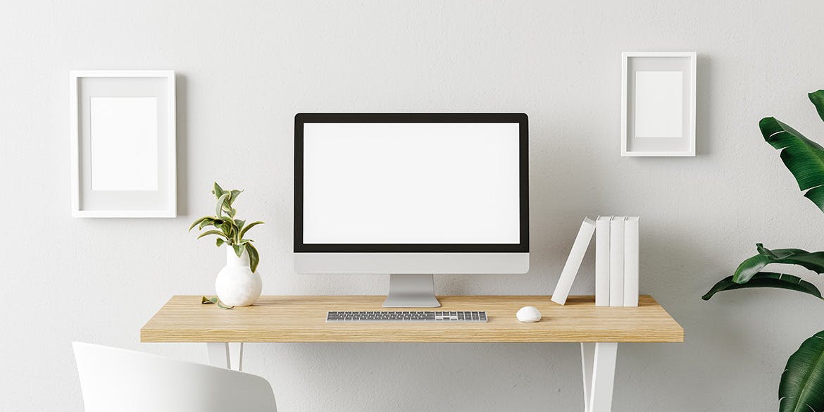 极简办公桌面场景屏幕/书本/框架样机图 Minimal Desk Mock Up With Screen, Books and Frames 样机素材 sucaiwan.com