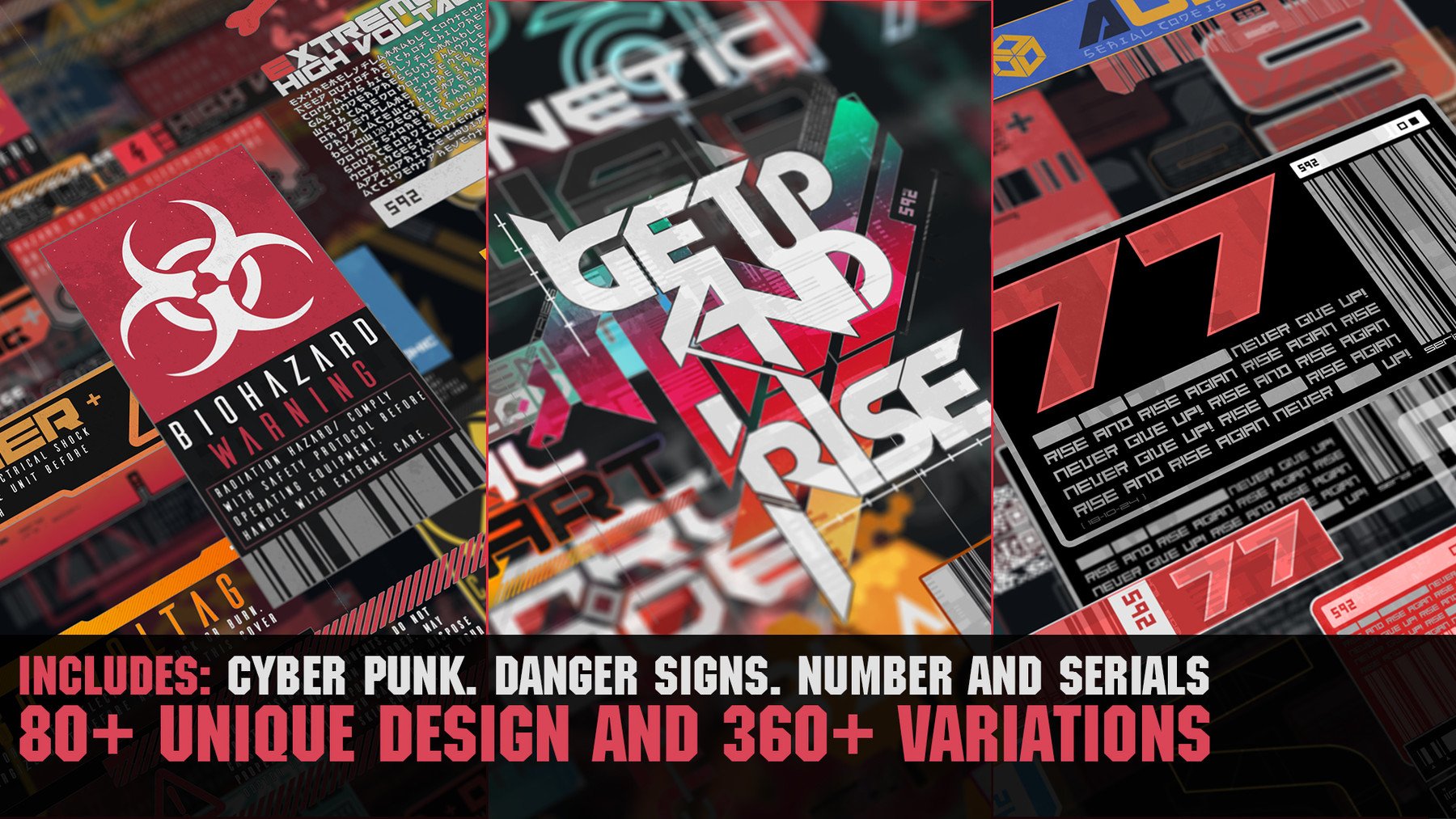 360+赛博朋克网络危险标志编号贴花套装PNG素材 360+ CyberPunk decals Bundle 图片素材 sucaiwan.com