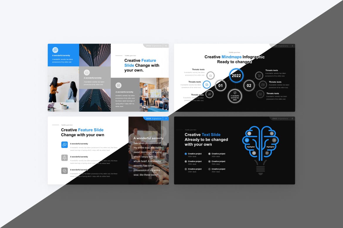 思维导图和特点演示文稿PPT模板 Mindmaps & Features PowerPoint Template 幻灯图表 sucaiwan.com